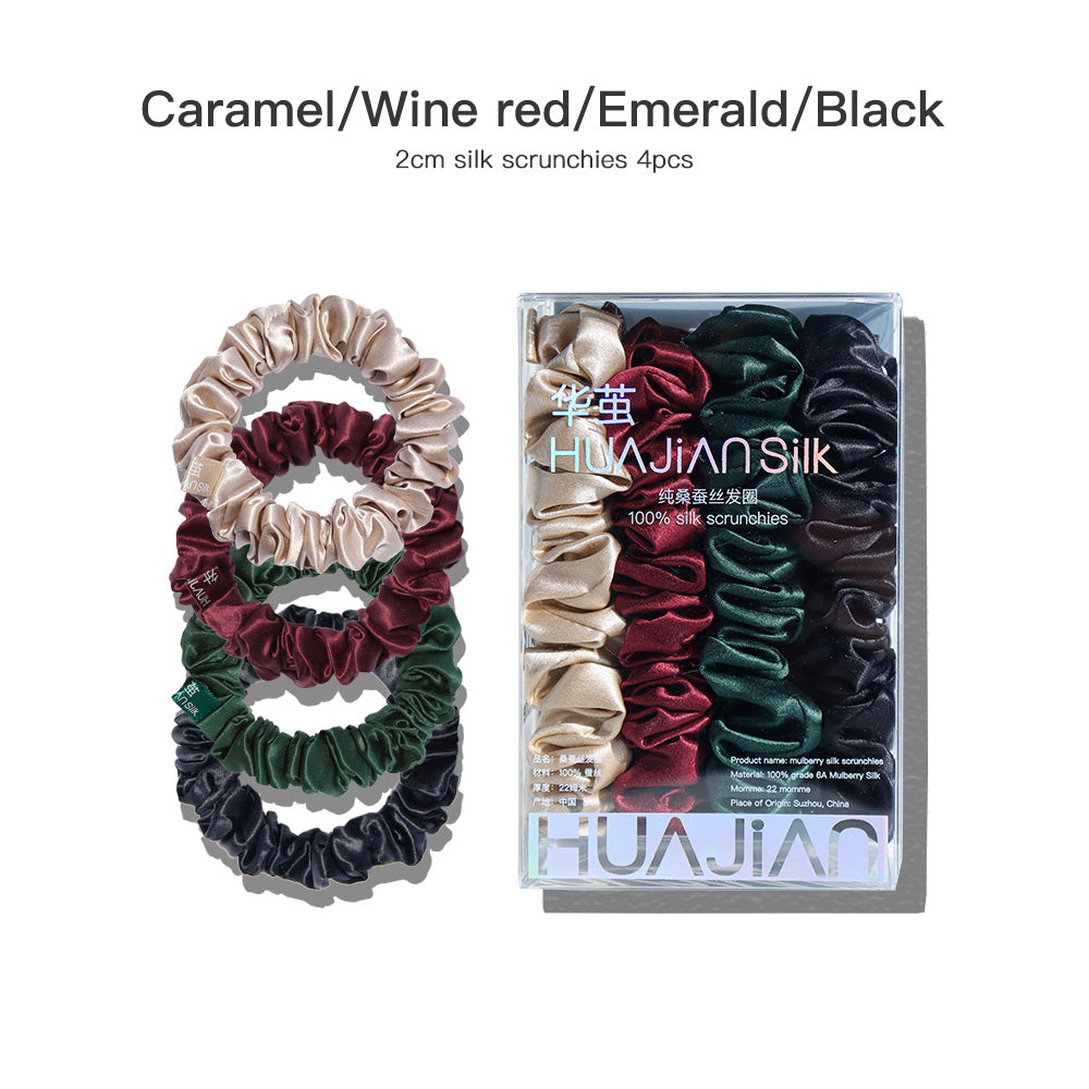 Caramel/Wine red/Emerald/Black 2cm silk scrunchies sets