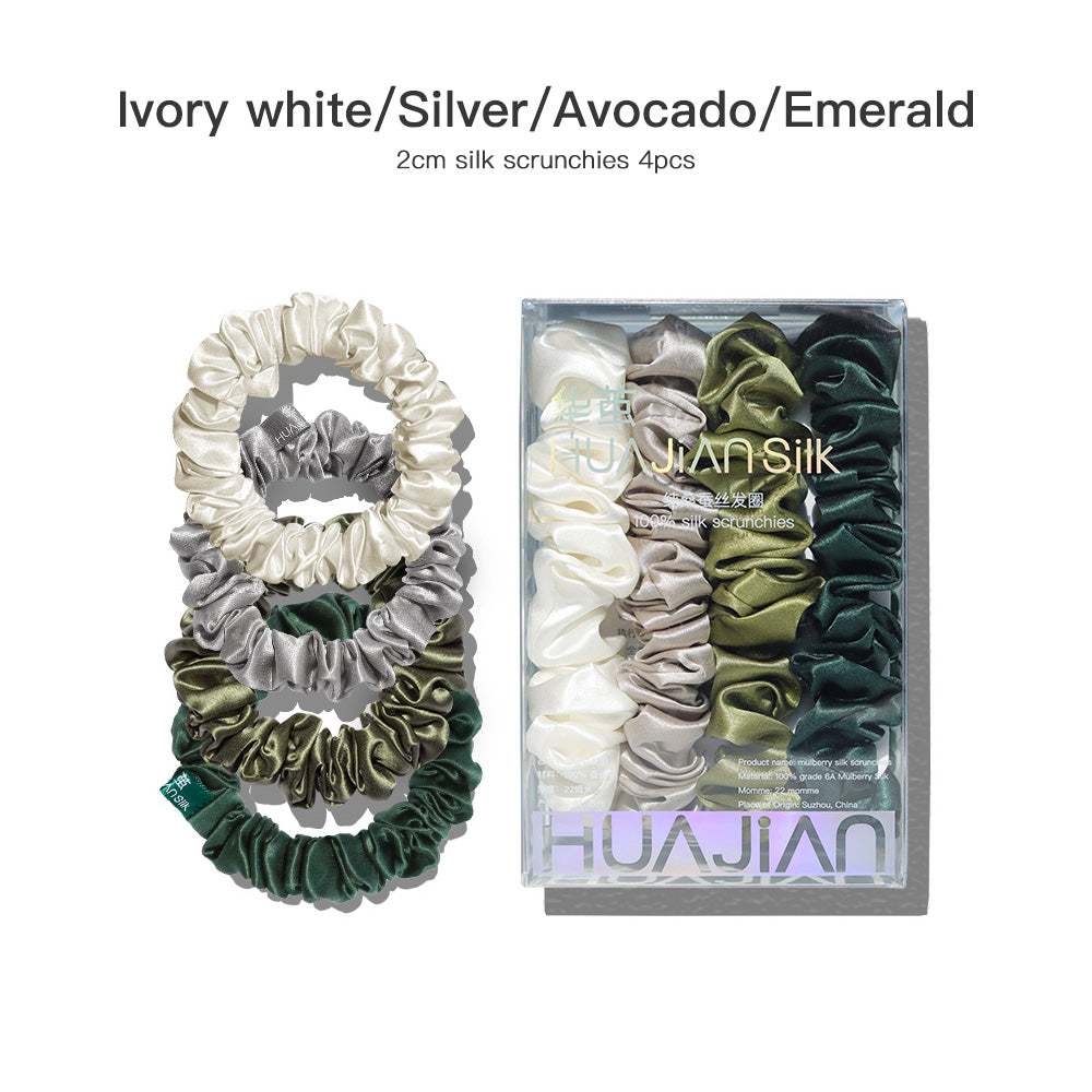 lvory white/Silver/Avocado/Emerald 2cm silk scrunchies sets