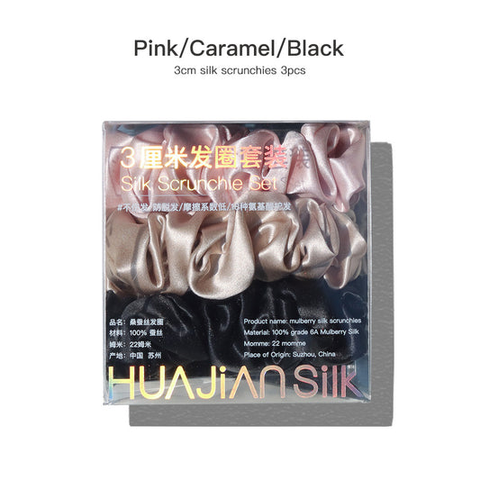 Pink/Caramel/Black 3cm silk scrunchies