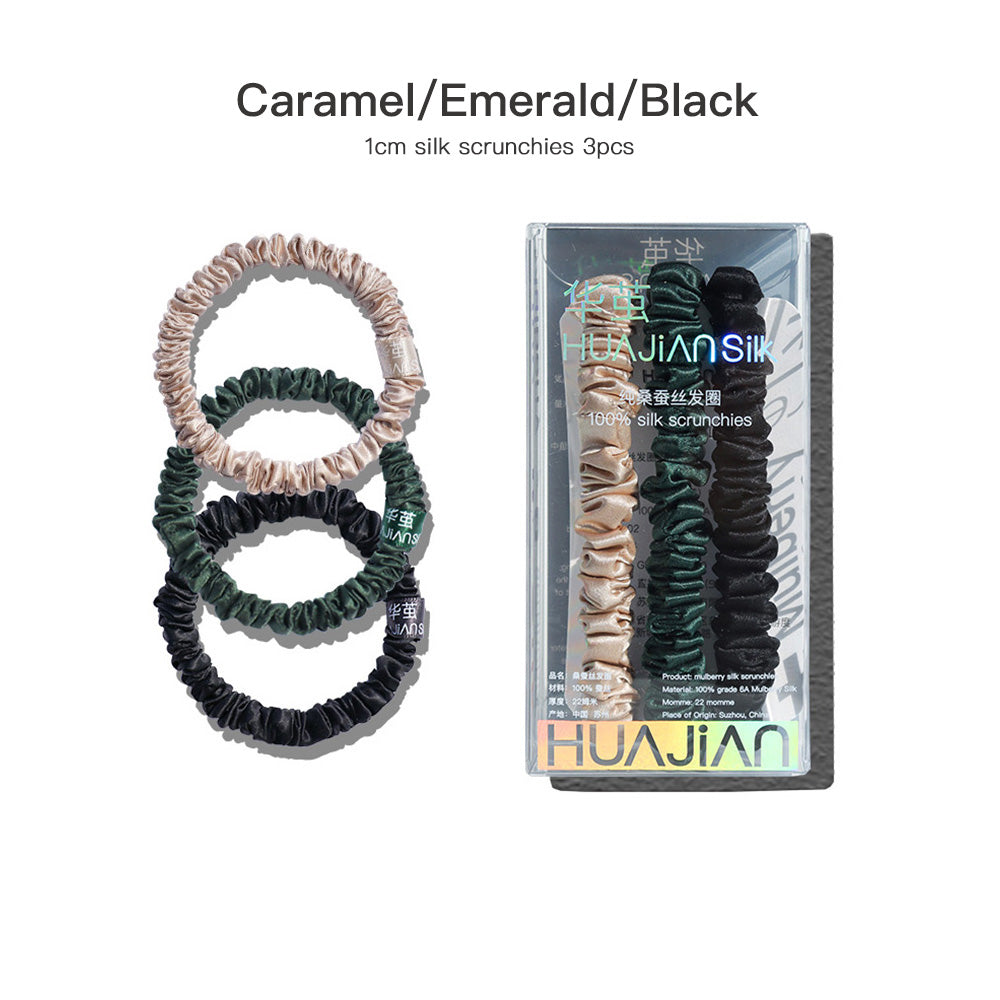 Caramel/Emerald/Black 1cm silk scrunchies sets