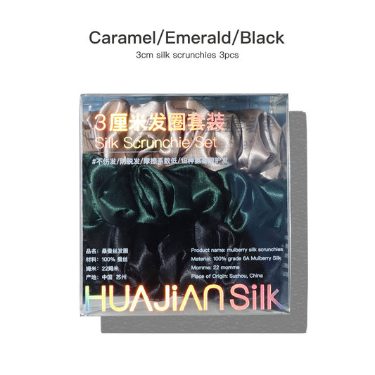 Caramel/Emerald/Black 3cm silk scrunchies