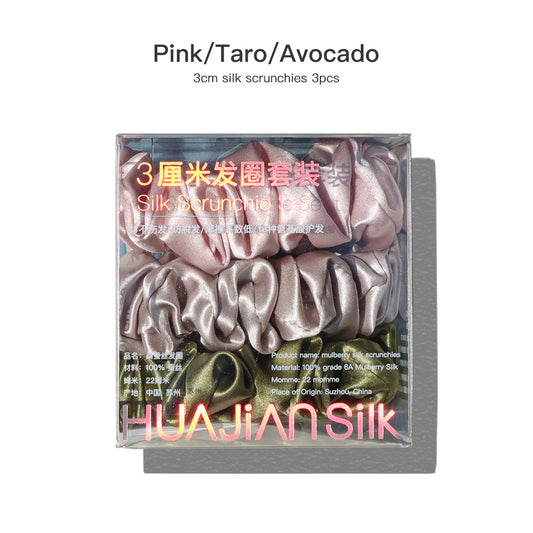 Pink/Taro/Avocado 3cm silk scrunchies