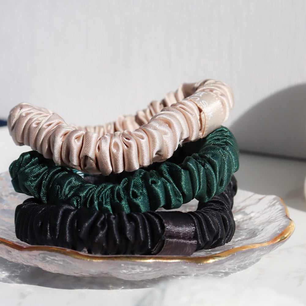 Caramel/Emerald/Black 1cm silk scrunchies sets