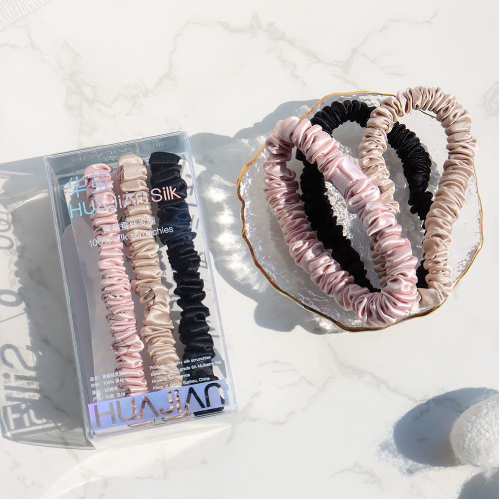 Pink/Caramel/Black 1cm silk scrunchies sets